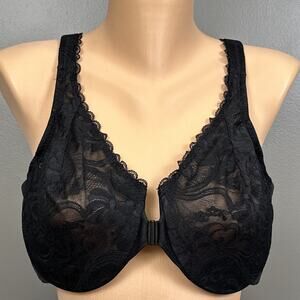 Glamorise Front Closure Stretch Lace WonderWire Bra US Size 42B Black 9245